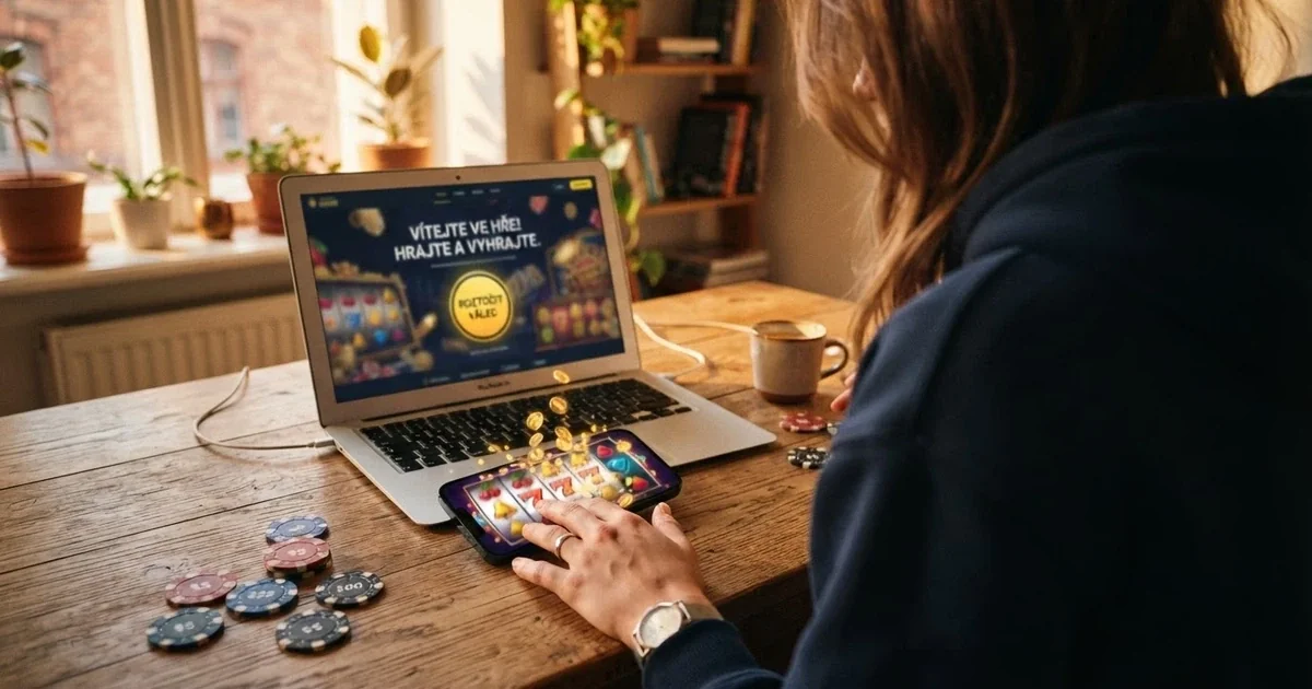 Koláž casino log a symbolů volných otoček na displeji mobilu a notebooku