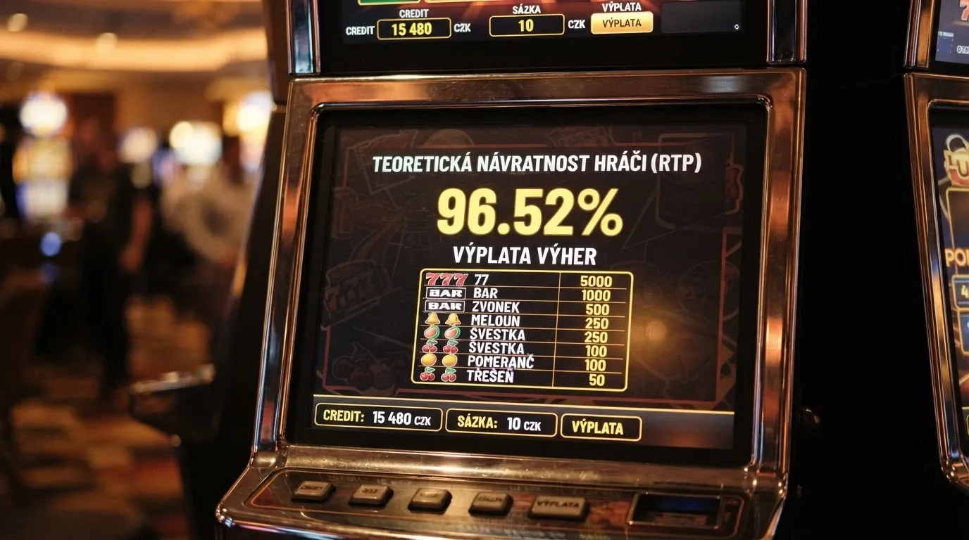 Výherní automat s jasně viditelnou hodnotou RTP na informační obrazovce hry