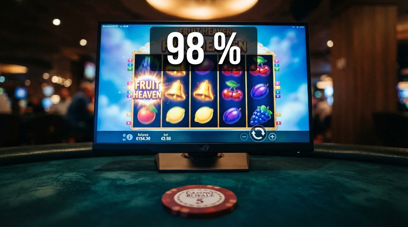 Roztočené válce online automatu, na pozadí výplatní tabulka s hodnotami RTP nad 98 %