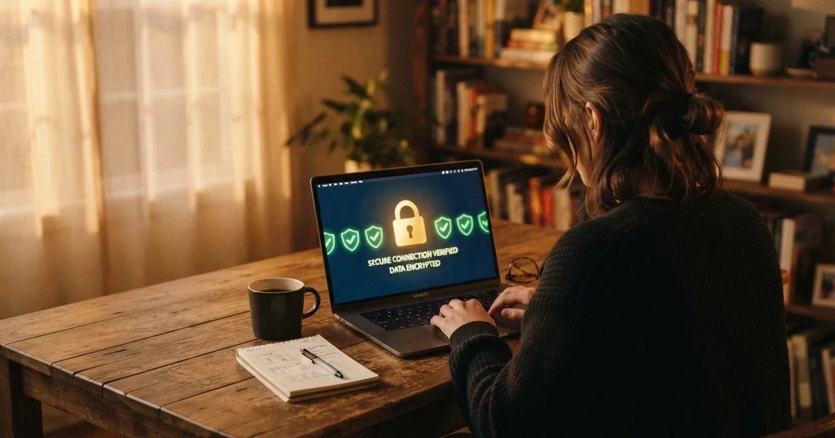 Hráč u notebooku prohlíží si bezpečnostní prvky online casina, na obrazovce ikona zámku a licence