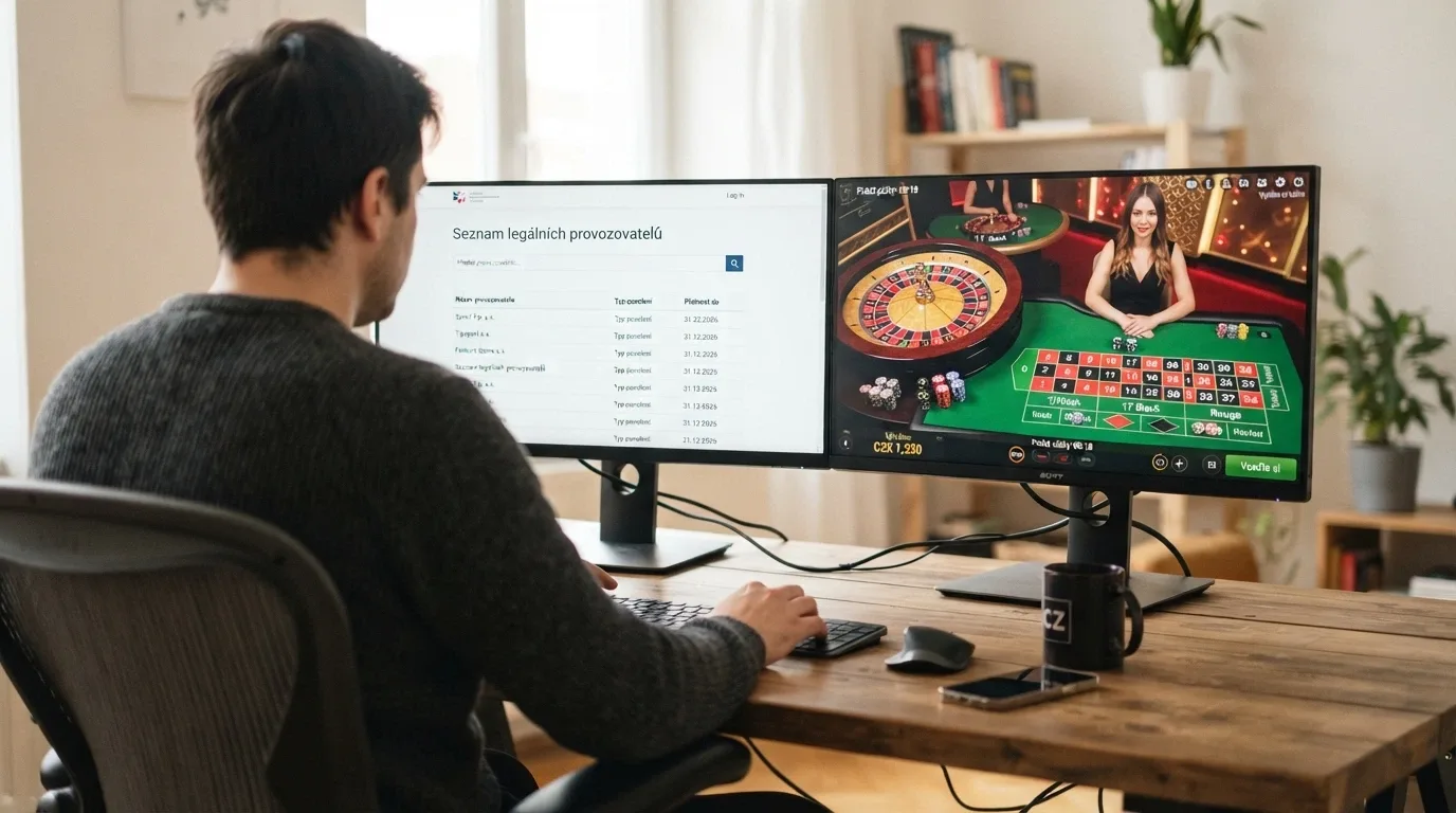 Hráč u počítače — na jedné obrazovce whitelist MF ČR, na druhé live casino hra