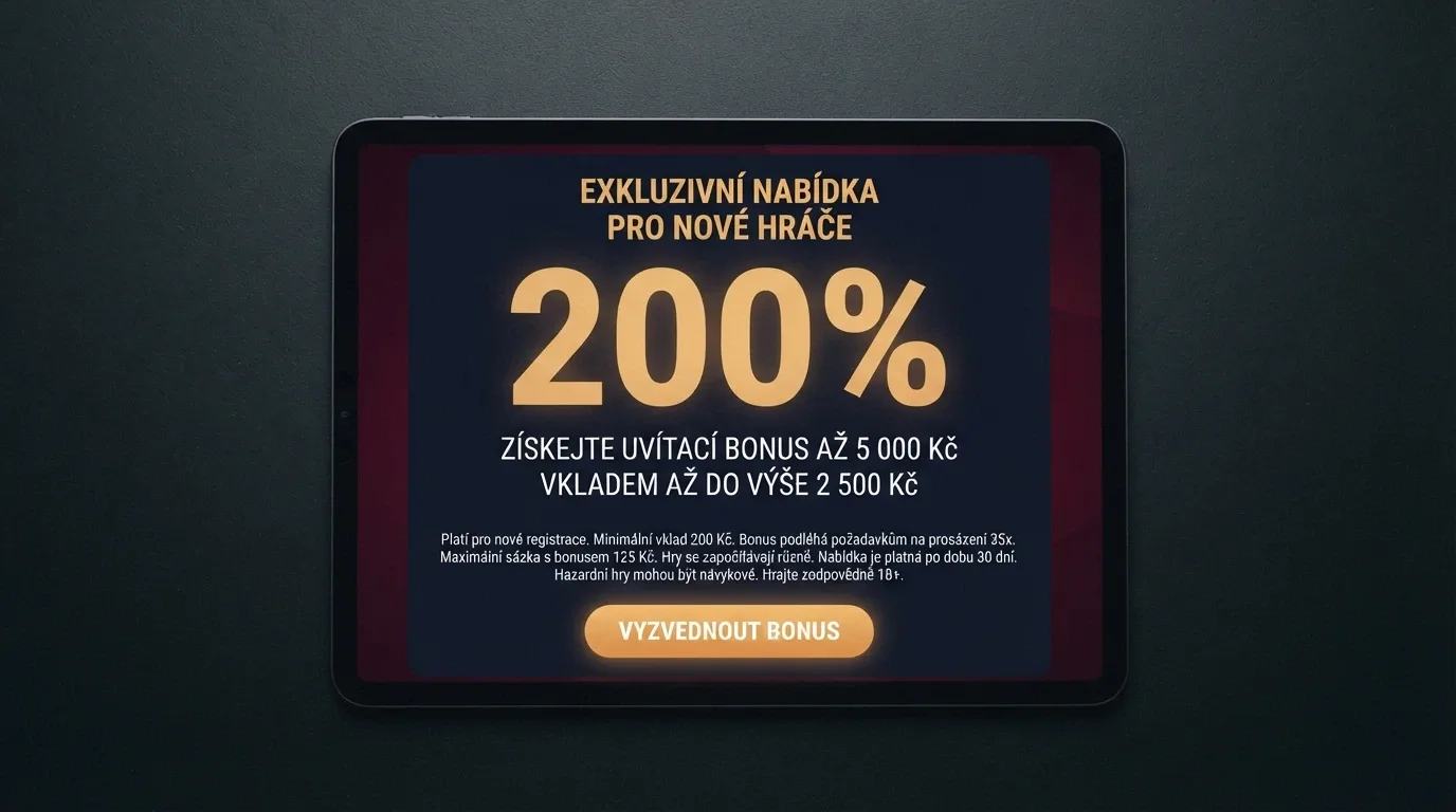 Propagační nabídka casino bonusu s čísly vstupního bonusu a drobným písmem podmínek protočení