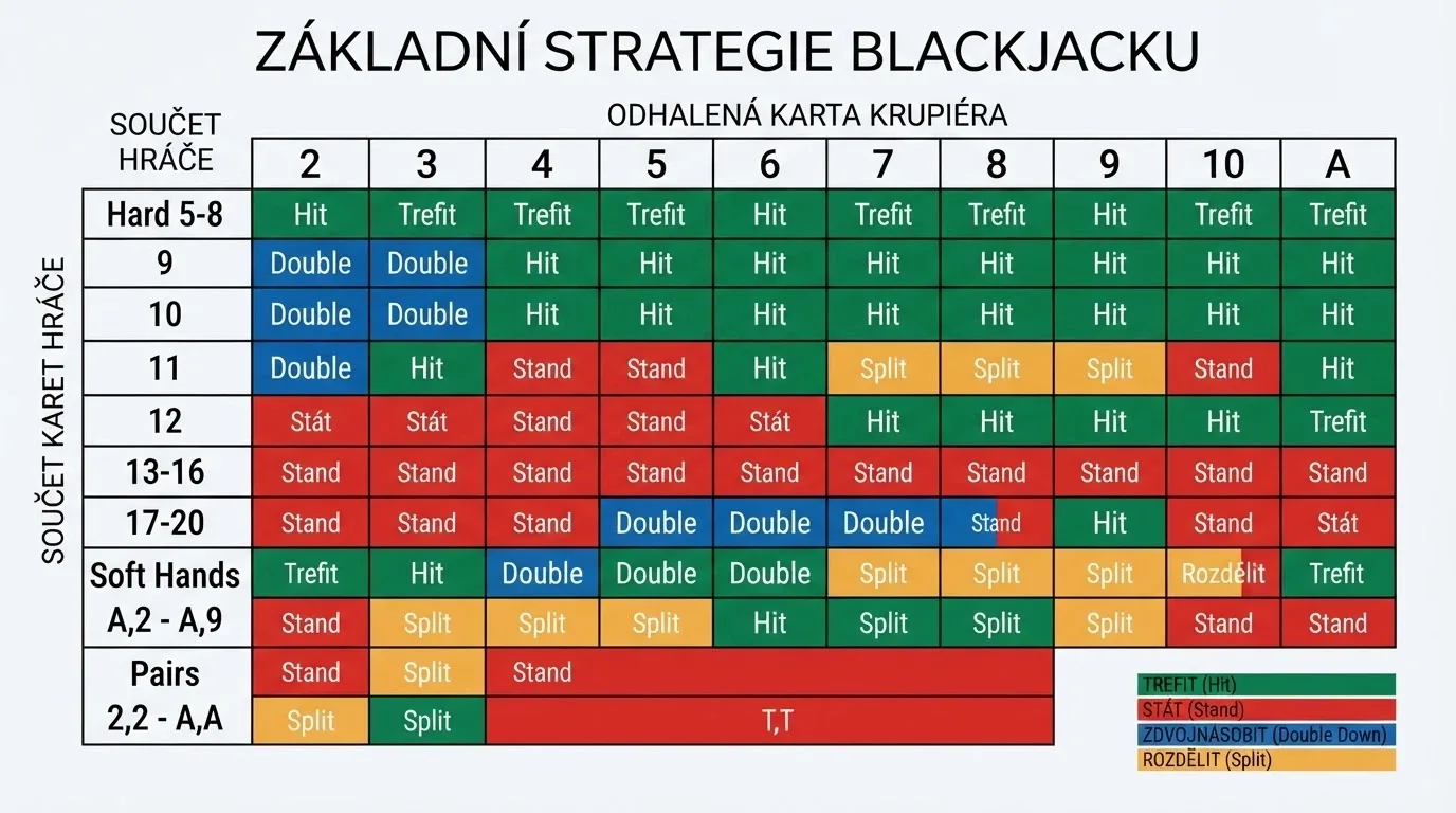 Tabulka základní blackjackové strategie s barevně odlišenými rozhodnutími pro každou kombinaci karet