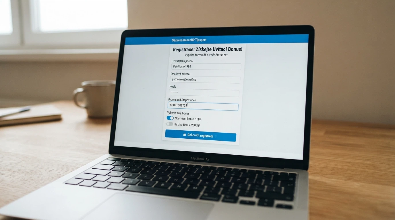 Detail registračního formuláře s polem pro promo kód a přepínačem typu bonusu, na pozadí logo MF ČR