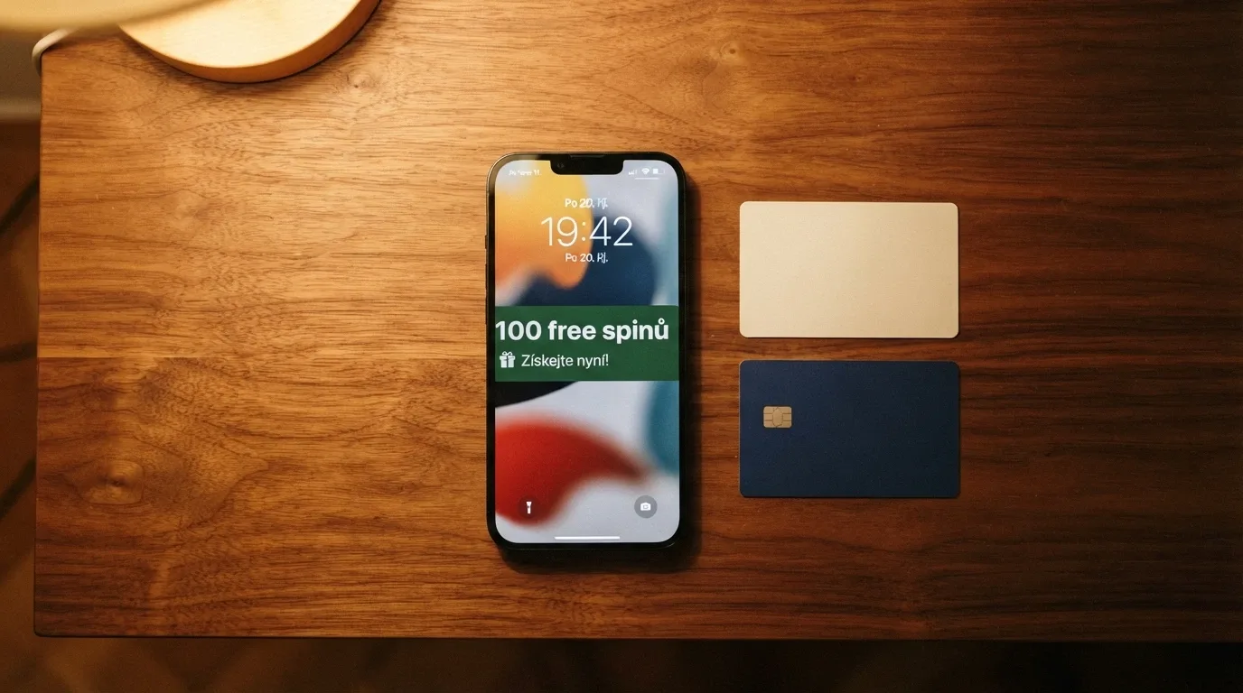 Mobilní telefon s notifikací o připsaných free spinech, vedle něj občanský průkaz a platební karta