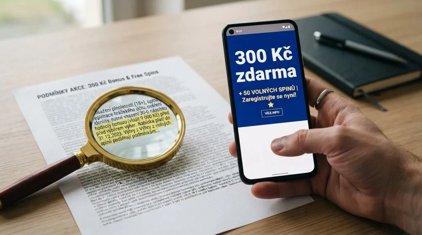 Ruka držící telefon s notifikací „300 Kč zdarma + 700 free spinů“, vedle lupa nad textem podmínek bonusu.