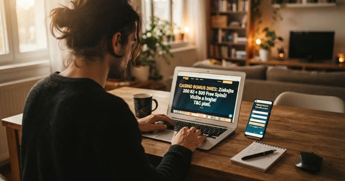 Hráč si prohlíží nabídku bonusů bez vkladu na obrazovce laptopu, vedle leží mobil s otevřenou registrací