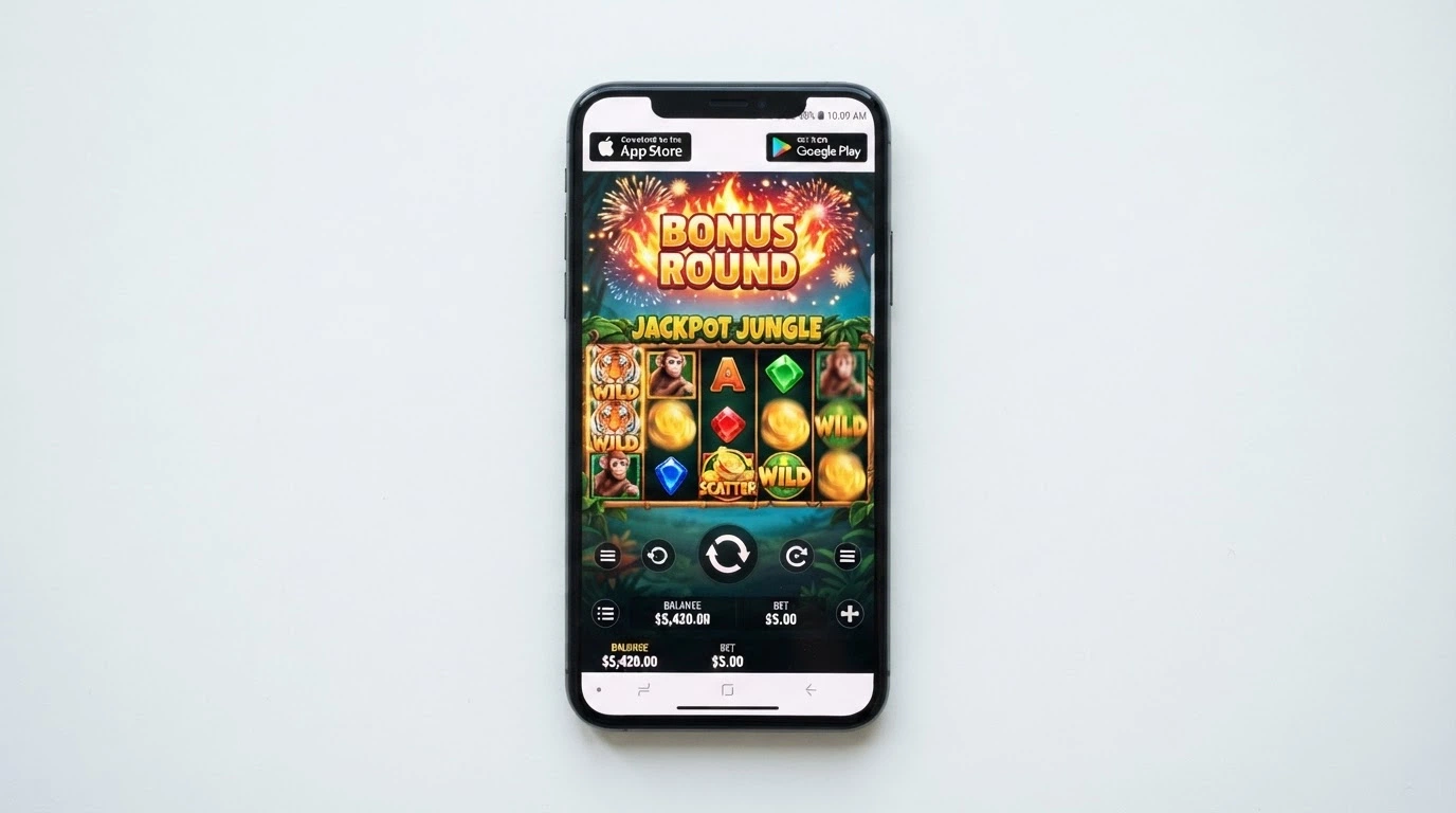 Displej telefonu s otevřenou casino aplikací a rozjetým automatem, vedle ikony App Store a Google Play s logy českých casin