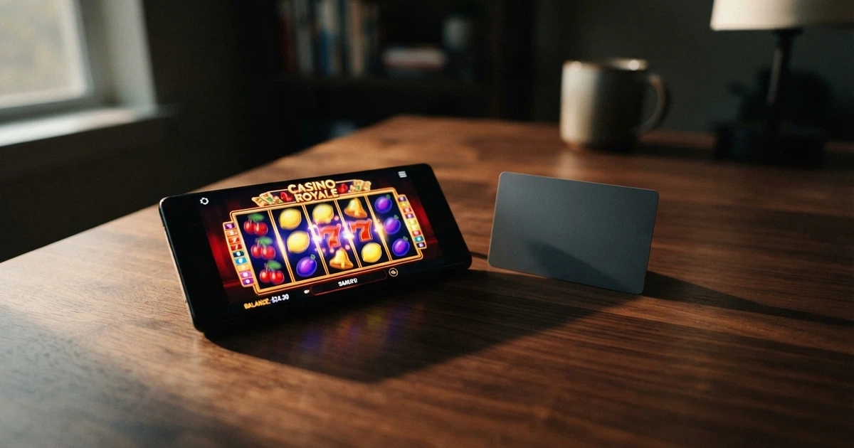 Mobilní telefon zobrazující online casino automat, vedle něj platební karta s přeškrtnutým symbolem