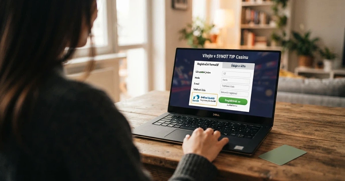 Hráč u obrazovky, na které se zobrazuje formulář registrace českého online casina s ikonou BankID — vedle něj leží občanský průkaz