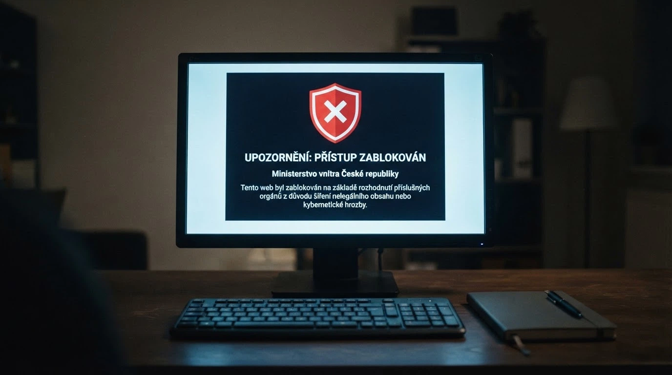 Úřední výstraha na obrazovce počítače — „Přístup na tuto stránku byl zablokován na základě rozhodnutí Ministerstva financí ČR“