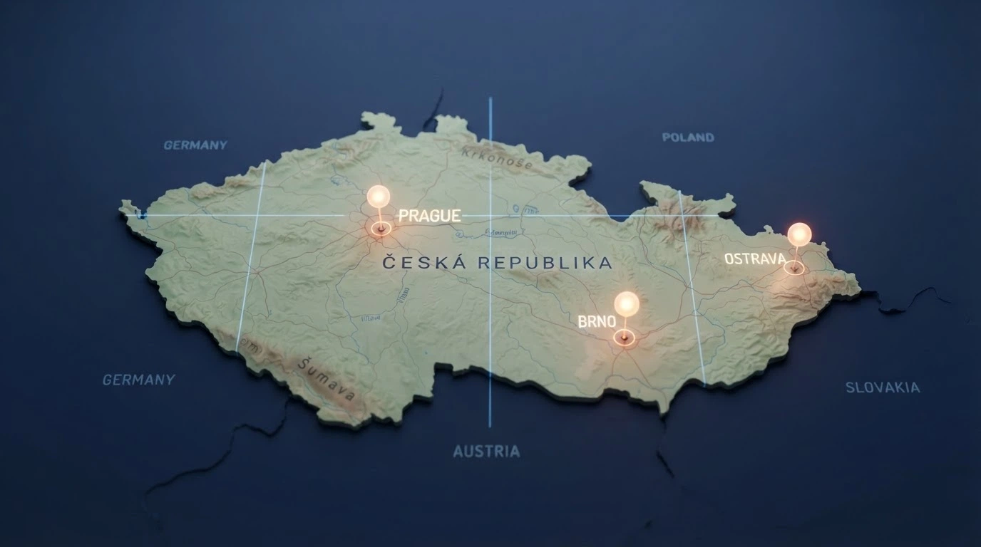 Mapa České republiky se zvýrazněnými sídly licencovaných online casin
