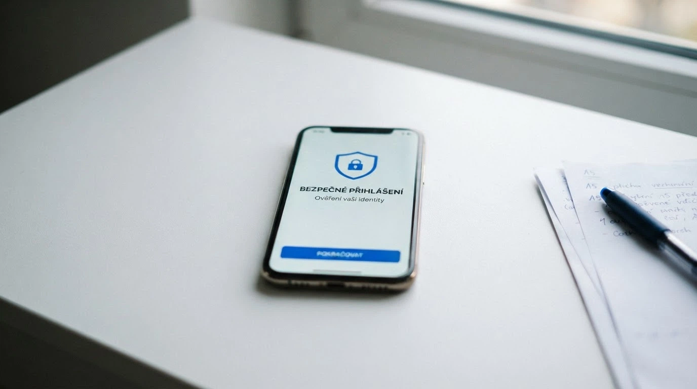 Ikona Bank ID na obrazovce mobilního telefonu vedle přihlašovací stránky casina