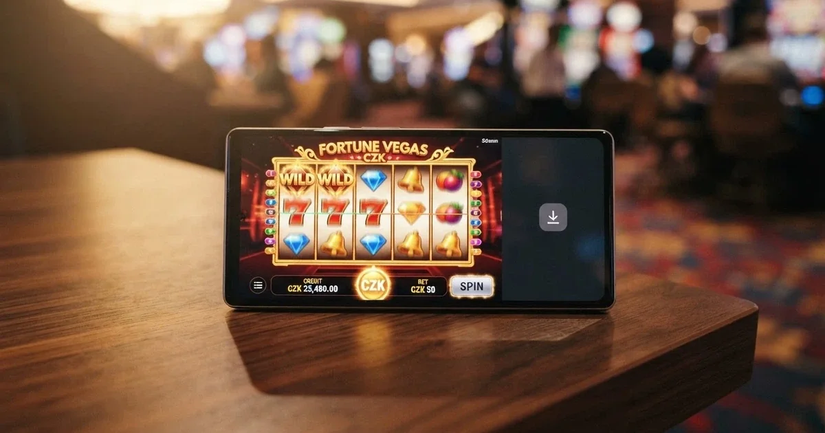 Hrací automat na displeji chytrého telefonu, vedle něj ikona casino aplikace se šipkou ke stažení, na pozadí rozostřené online casino rozhraní