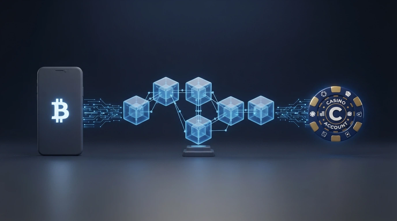 Schéma transakce: bitcoin putuje z hráčovy peněženky přes blockchain na herní účet v online casinu