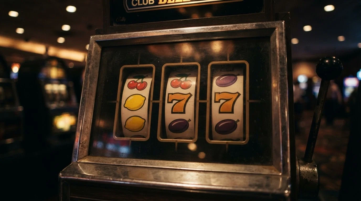 Detail tříválcového automatu s ovocnými symboly — třešně, citrony, švestky a sedmičky na mechanických válcích