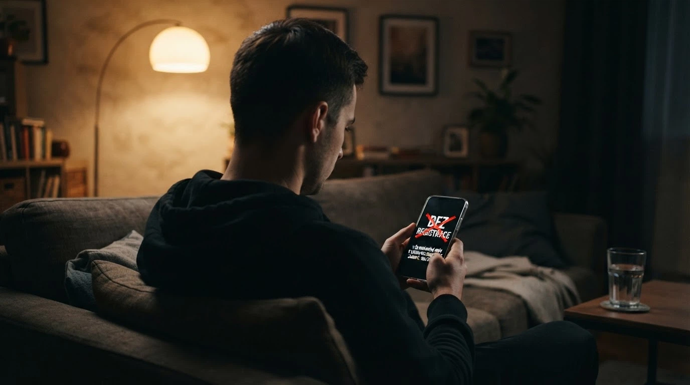 Zamyšlený hráč před mobilem s nápisem „bez registrace“ přeškrtnutým červenou čarou