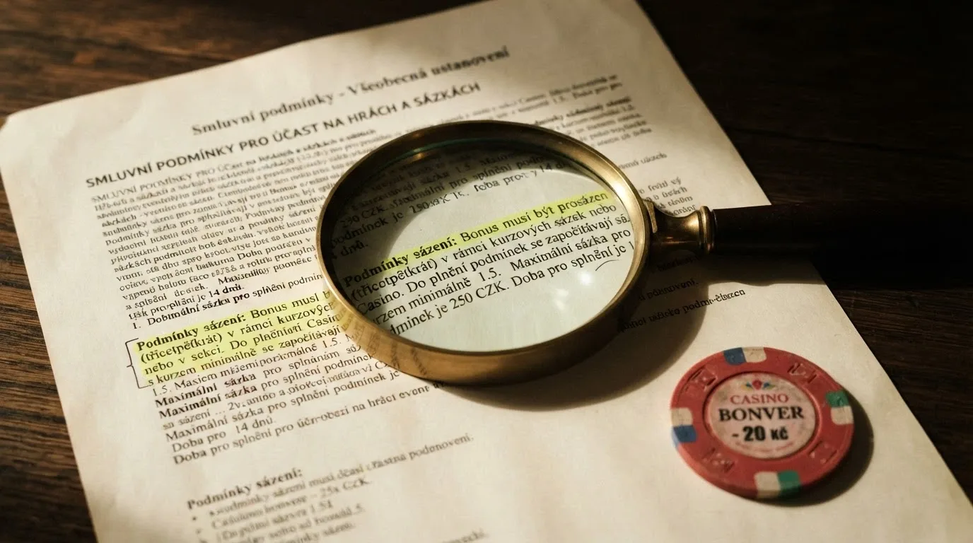 Zvětšovací sklo nad textem bonusových podmínek — zvýrazněné pasáže o wageringu a časových limitech