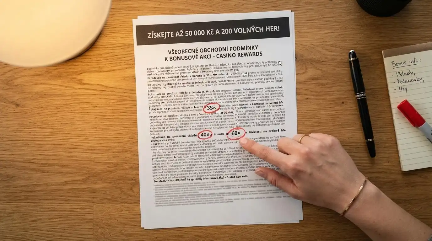 Detail bonusových podmínek s vyznačenou výší protočení (35×, 40×, 60×) a částkou bonusu – kontrast mezi lákavým číslem a drobným písmem pod ním