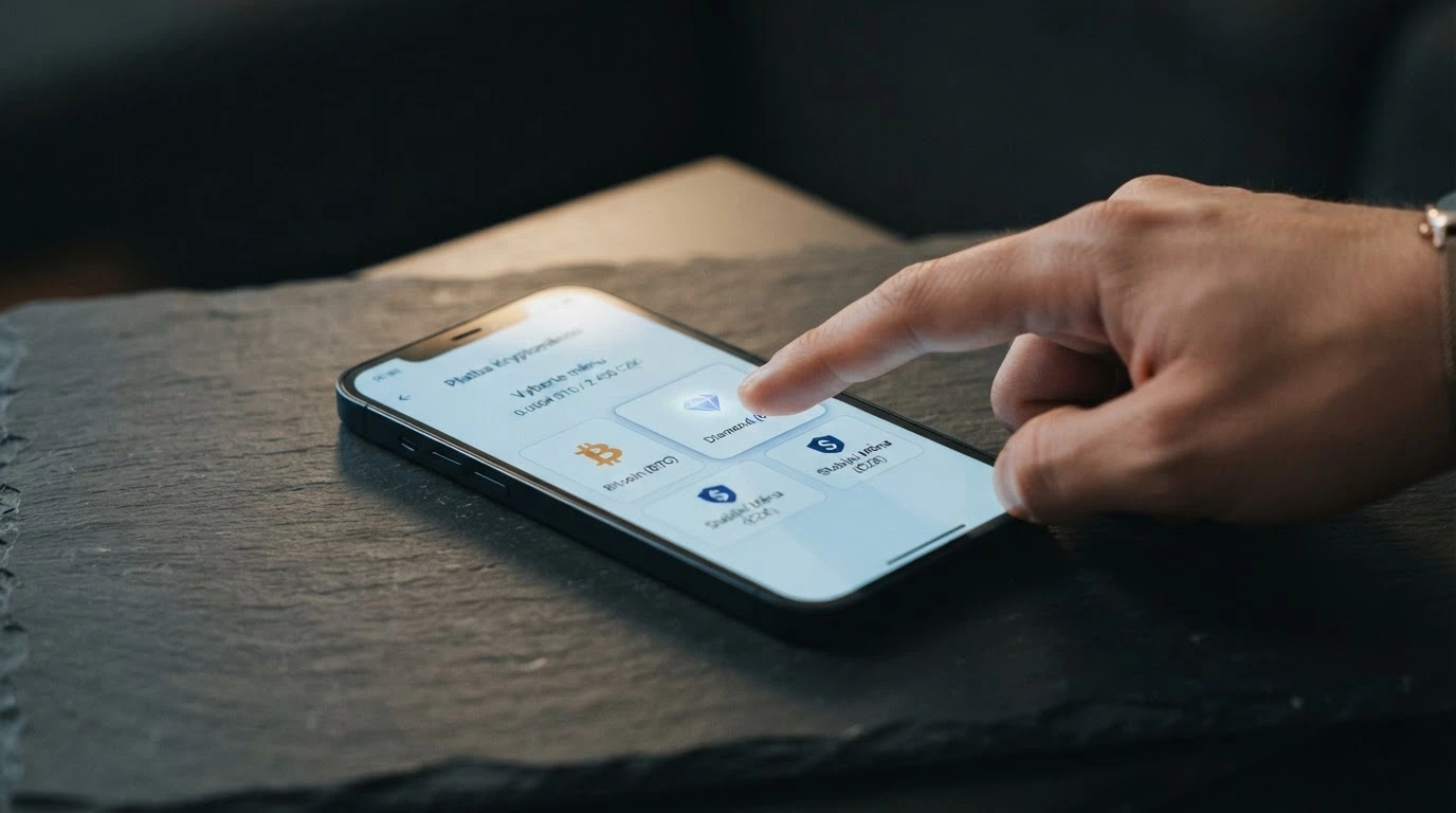 Mobilní telefon s aplikací kryptoměnové peněženky — na displeji Bitcoin, Ethereum a USDT jako platební možnosti v online casinu