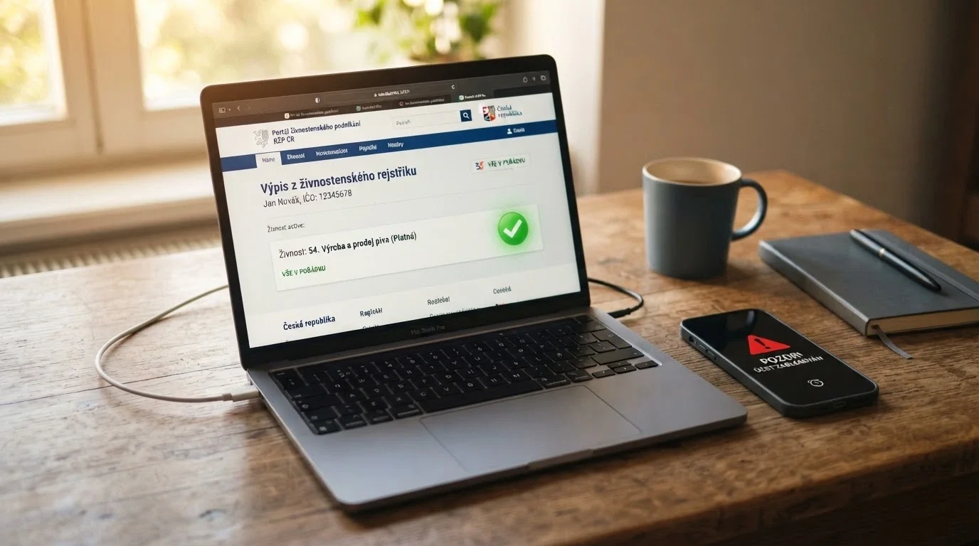 Úřední dokument s razítkem Ministerstva financí ČR a logem licence na obrazovce, vedle varovný symbol u nelicencovaného webu