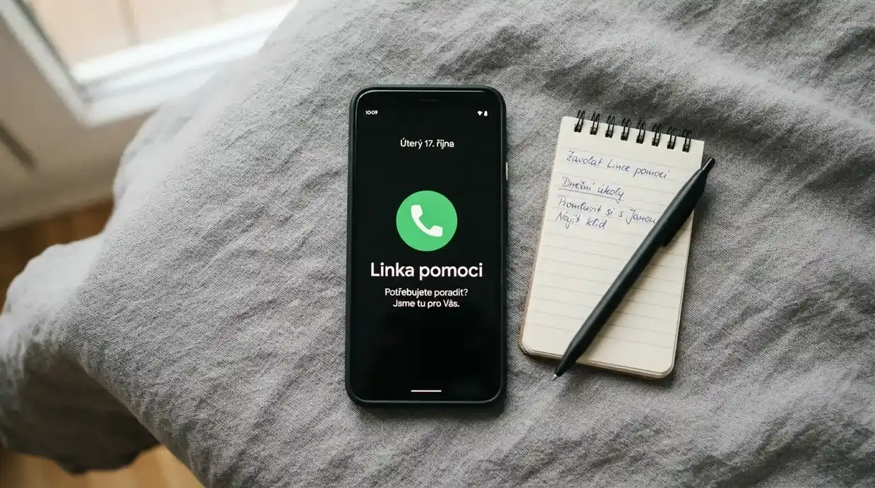 Telefon s vytočeným číslem linky pomoci na displeji vedle loga Zodpovědné hraní