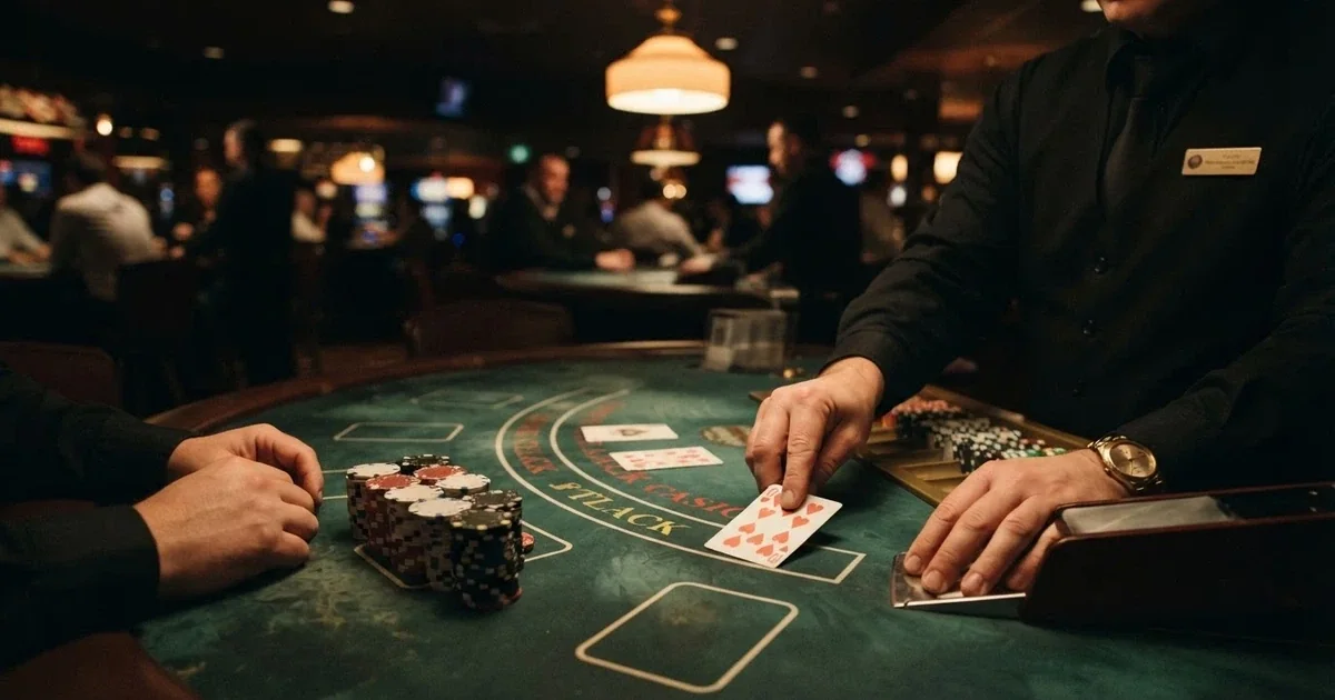 Živý krupiér rozdává karty u blackjackového stolu v online kasinu