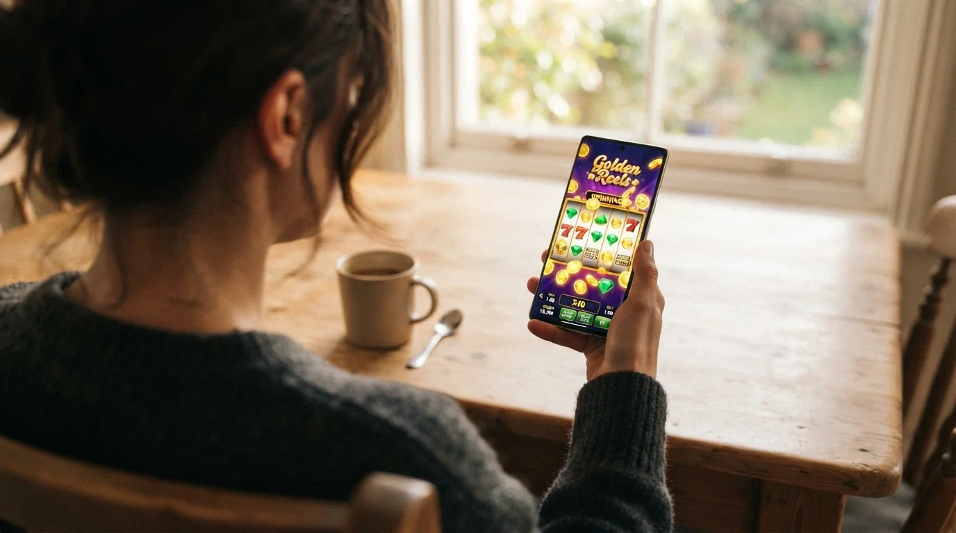 Mobilní telefon s roztočeným automatem na displeji, vedle něj ikona casino aplikace