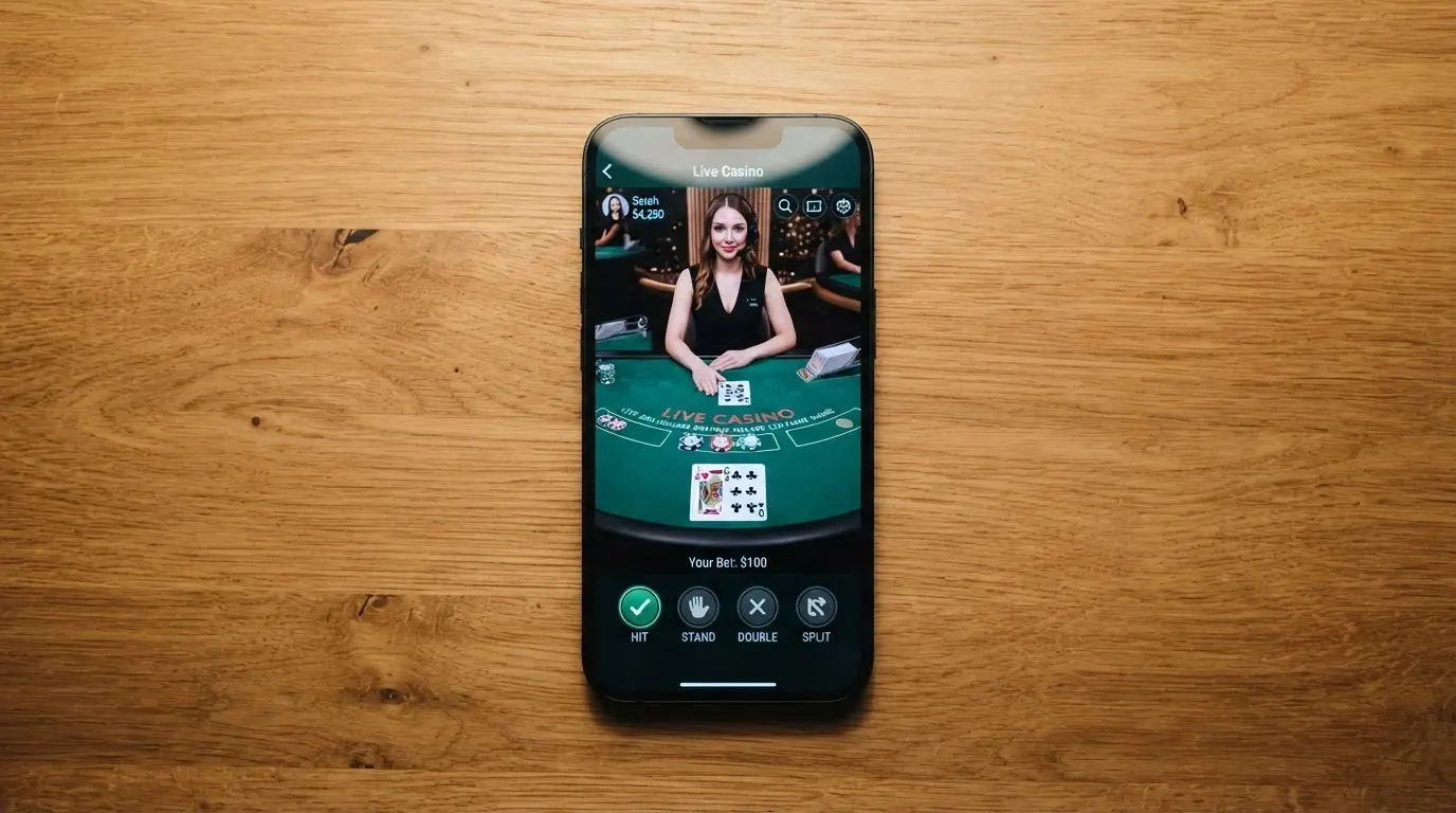 Mobilní telefon zobrazující live blackjack v casino aplikaci s viditelným rozhraním pro sázky