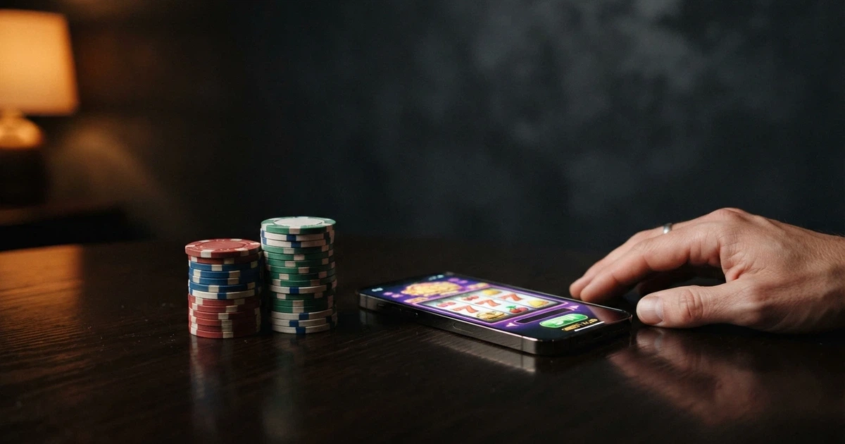 Kryptoměny a kasino — bitcoinové mince, pokerové žetony a obrazovka s online automatem na tmavém pozadí