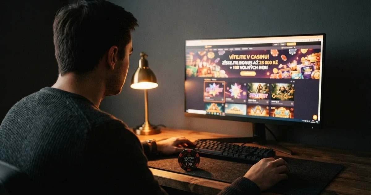Hráč u obrazovky počítače vybírá z nabídky online casin na přehledné stránce, v pozadí karty s logy licencovaných operátorů.