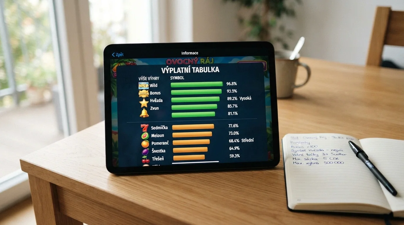 Detail výherní tabulky automatu s vyznačeným procentem RTP a volatilitou