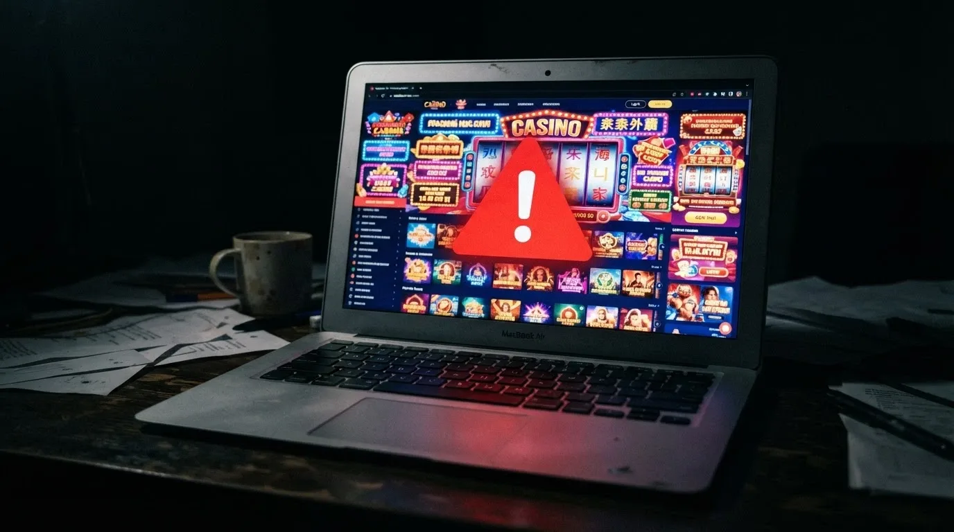 Výstražný trojúhelník na pozadí podezřelé casino stránky bez české licence — cizí jazyk, žádné logo MF ČR