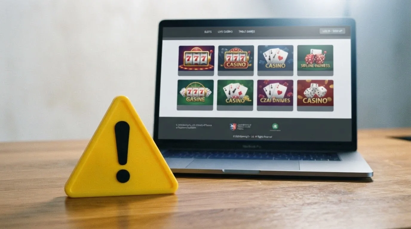 Varovný trojúhelník před obrazovkou počítače, na které je casino stránka bez českého textu a bez loga licence MF ČR