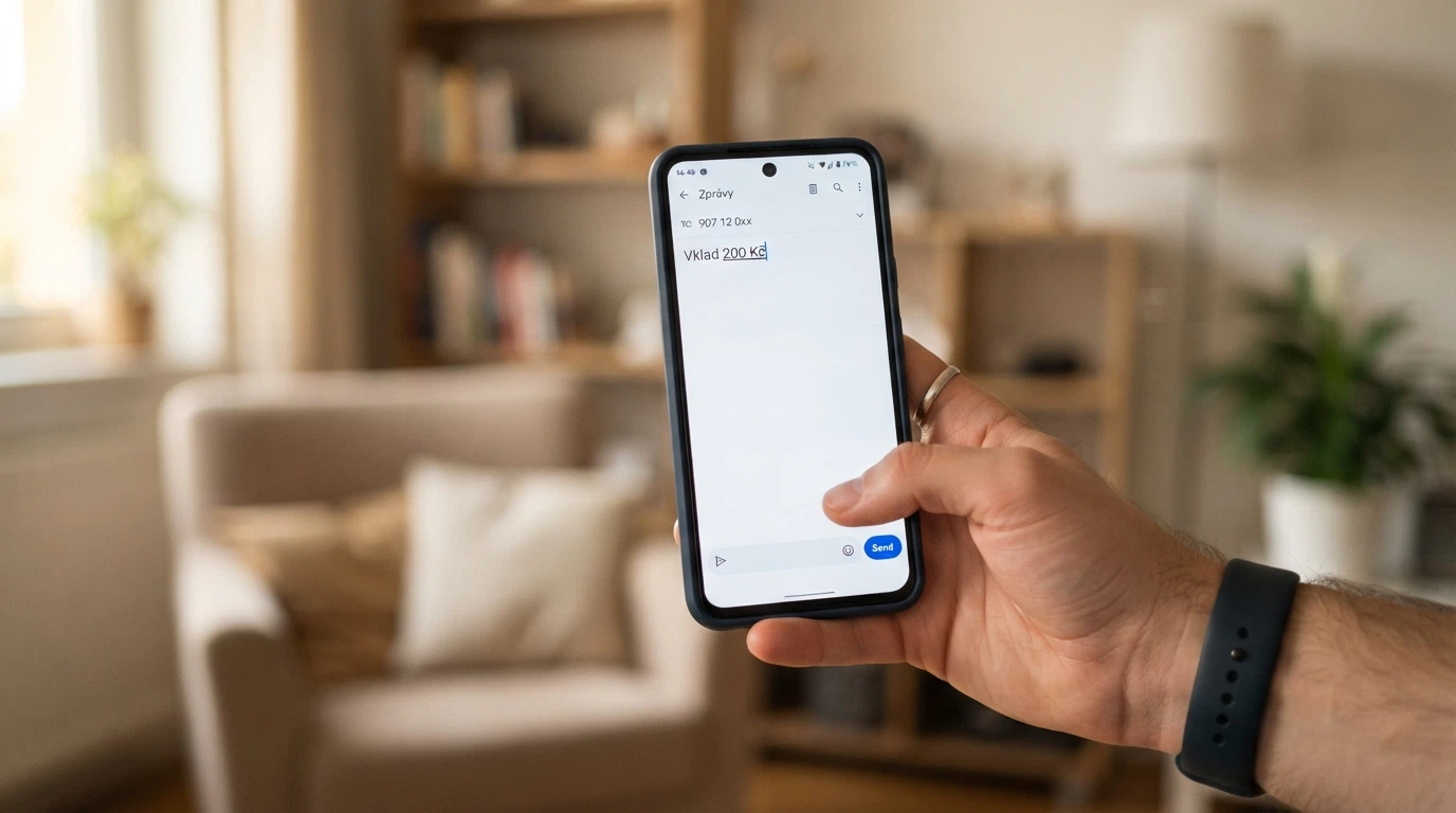 Ruka držící mobilní telefon s odchozí SMS zprávou na prémiové číslo, na displeji vidět částka vkladu