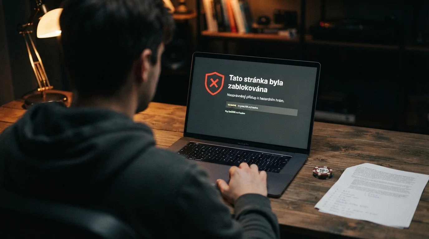 Výstražná grafika — česká licence versus offshore doména s varovným symbolem