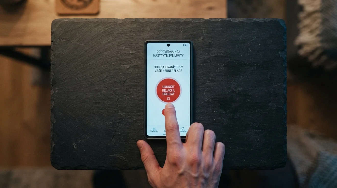 Obrazovka mobilního telefonu s tlačítkem „Panic Button“ na uživatelském rozhraní českého online kasina