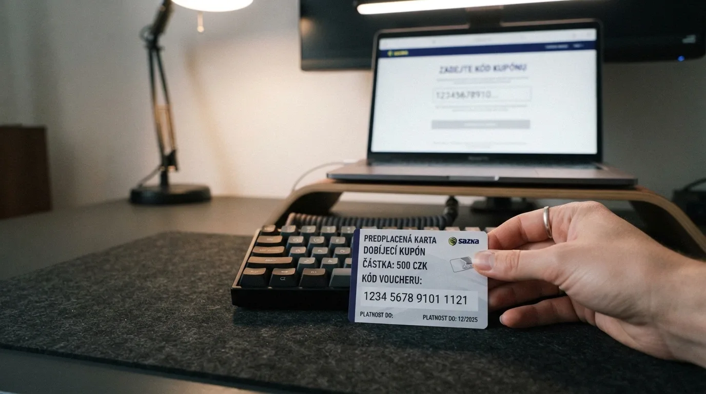 Detail Paysafecard kupónu v hodnotě 200 Kč vedle klávesnice — hráč opisuje číselný kód do pole pro vklad