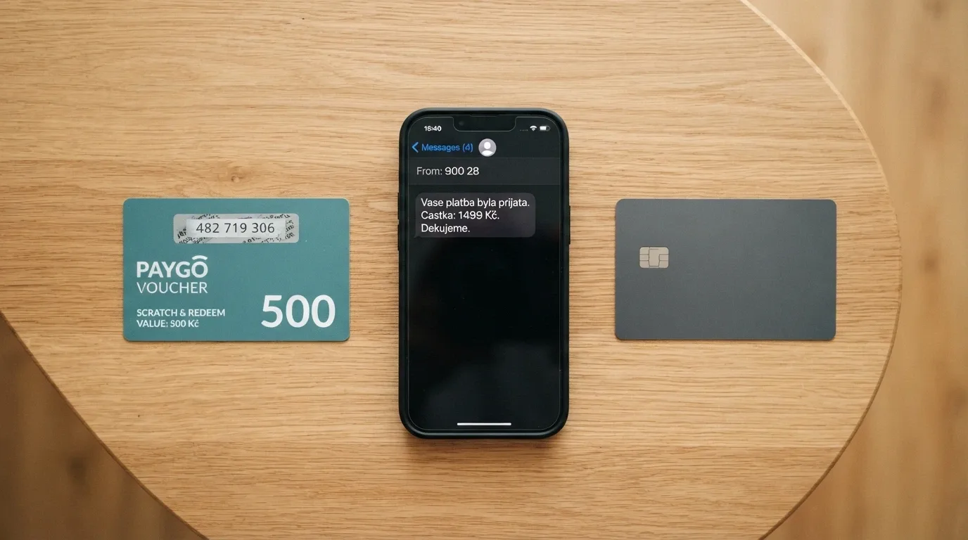 Paysafecard voucher, mobilní telefon s rozhraním SMS platby a kreditní karta na stole