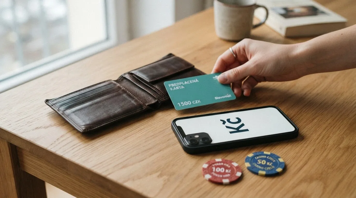 Česká peněženka s kartou Paysafecard, mobilem s bankovní aplikací a několika eurovými mincemi na stole