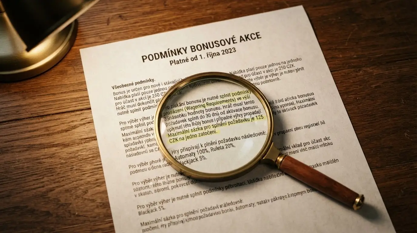 Detail bonusových podmínek s lupou zvýrazňující řádky o protočení a časové platnosti