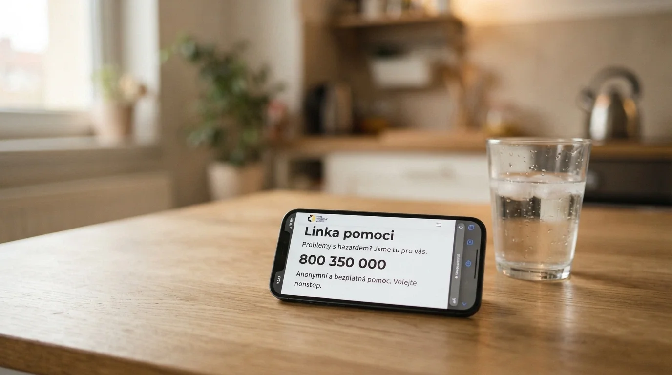 Telefon s otevřenou stránkou linky pomoci vedle sklenice vody na stole