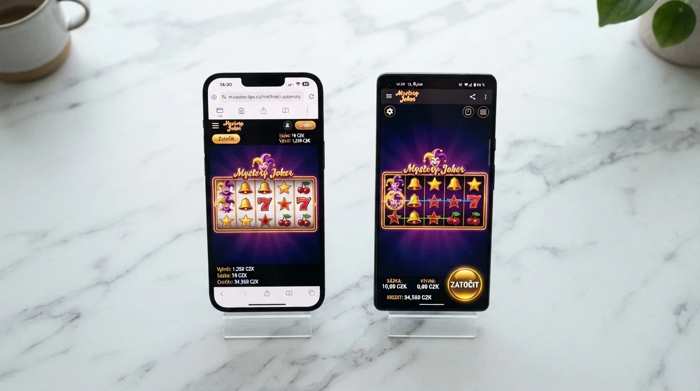 Rozdělená obrazovka: vlevo casino v mobilním prohlížeči, vpravo tatáž hra v nativní aplikaci