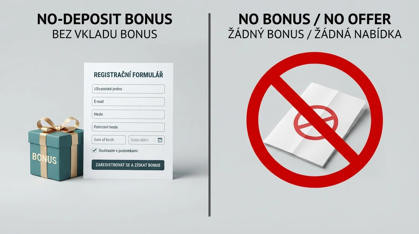 Dva sloupce s popisky — levý „Bonus bez vkladu“ s ikonami dárku a registračního formuláře, pravý „Bonus bez ověření“ přeškrtnutý červeně