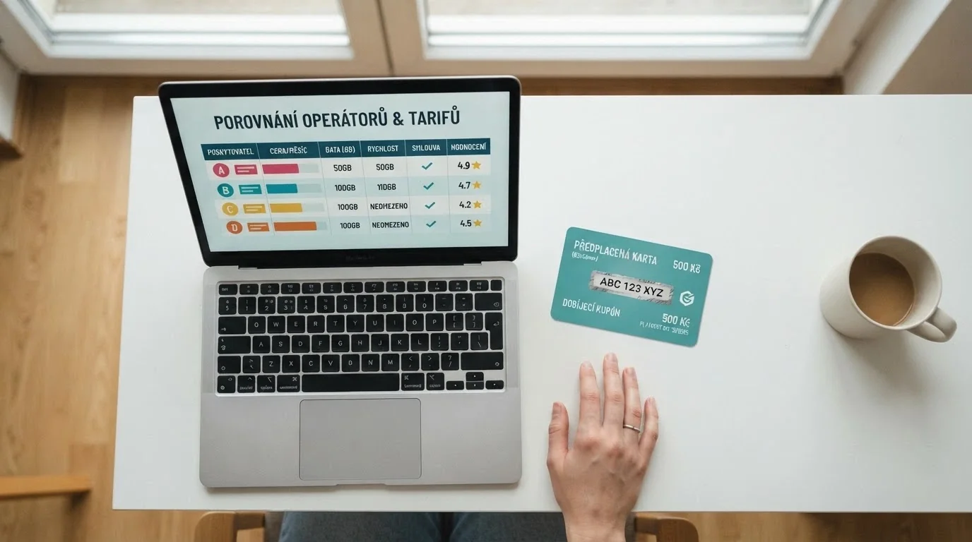 Hráč u notebooku s otevřeným porovnáním operátorů a paysafecard voucherem položeným vedle klávesnice
