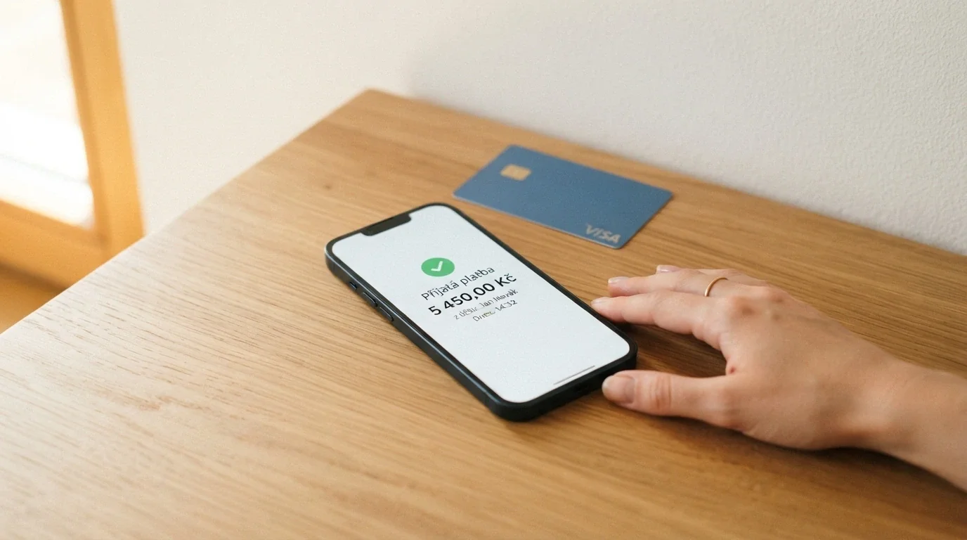 Mobilní telefon s notifikací o příchozí platbě na bankovní účet, v pozadí logo české banky a kreditní karta.