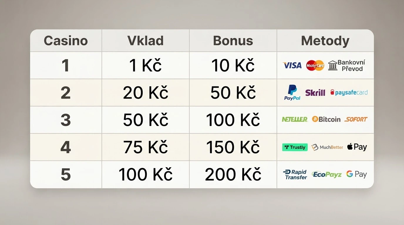 Srovnávací tabulka českých casin s minimálním vkladem
