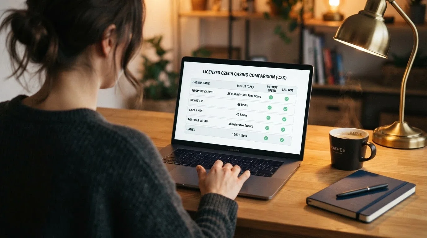 Srovnávací tabulka s logy deseti českých casin a ikonami licence MF ČR, bonusu a free spinů
