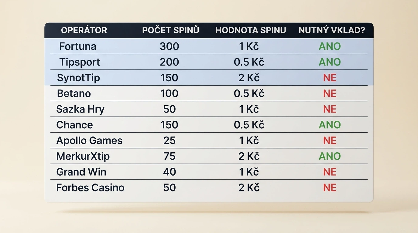 Srovnávací tabulka deseti casino operátorů s počty free spinů a hodnotou jednoho zatočení