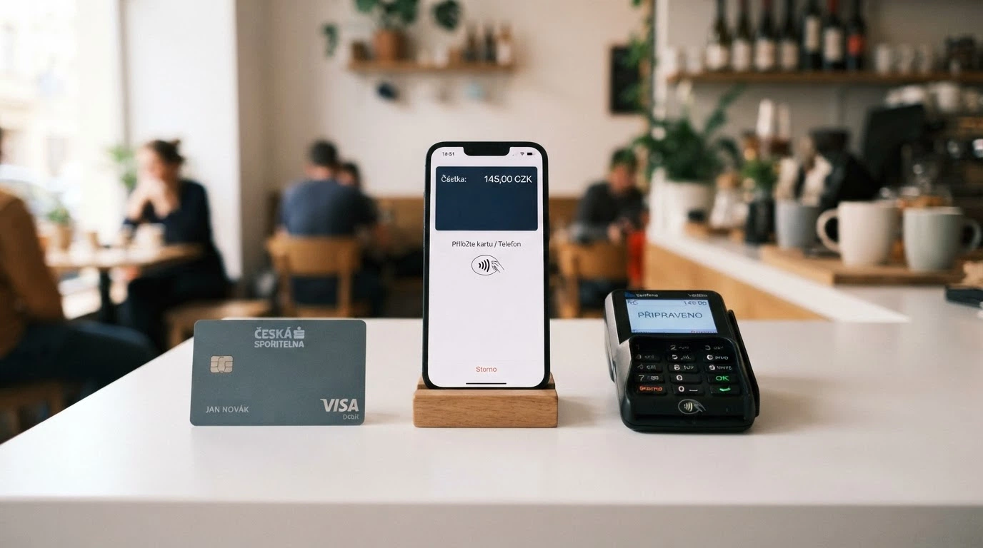 Rozložené platební karty, mobil s otevřenou aplikací NeteraPay a platební terminál — vedle sebe jako nabídka možností výběru